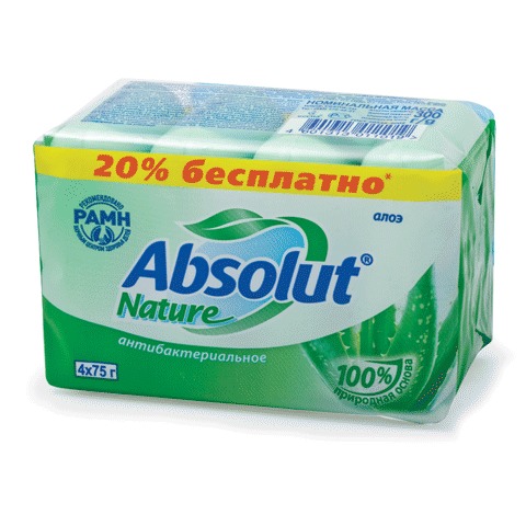 Мыло туалетное антибактериальное 300 г ABSOLUT (Абсолют) КОМПЛЕКТ 4 шт. х 75 г "Алоэ",без триклозана, 6065